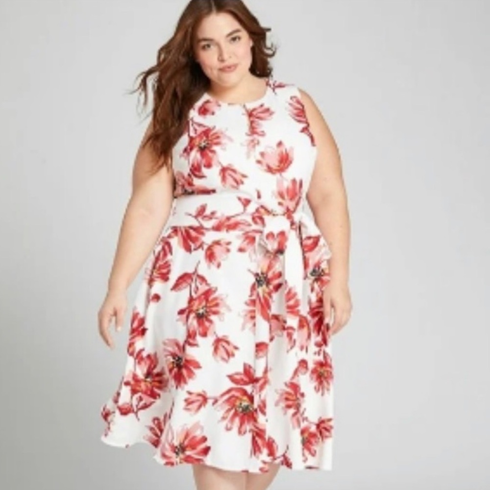 Lane Bryant | Women’s Cream/Red Floral Sleeveless Fit Flare Vneck Dress Size 16